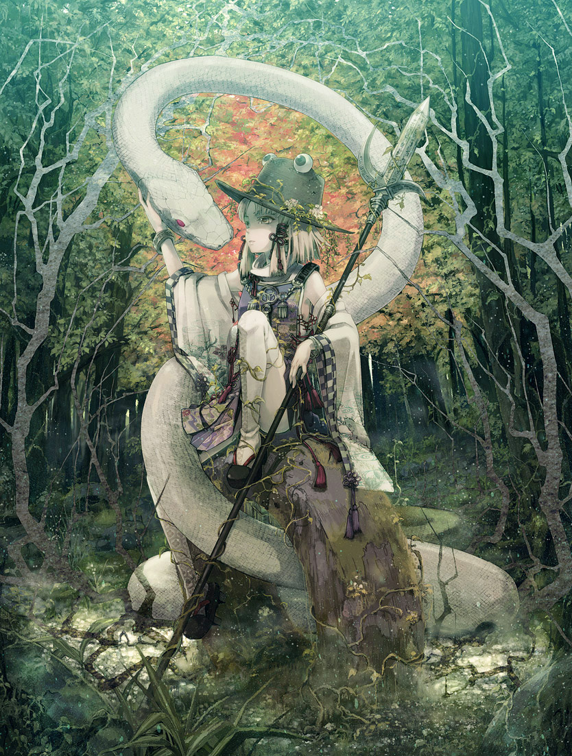 alternate_costume, blonde_hair, blue_eyes, detached_sleeves, eyes, forest, hair_ribbon, hat, jewelry, leg_lift, mishaguji, miyuki_ruria, miyukiruria, moriya_suwako, nature, polearm, ribbon, sitting, snake, spear, tassel, touhou, tree, weapon, white_snake, yellow_eyes