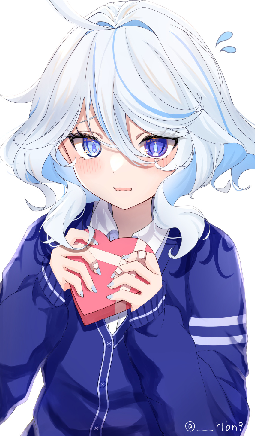 1girl, @_@, absurdres, ahoge, alternate_costume, bandaid, bandaid_on_hand, blue_cardigan