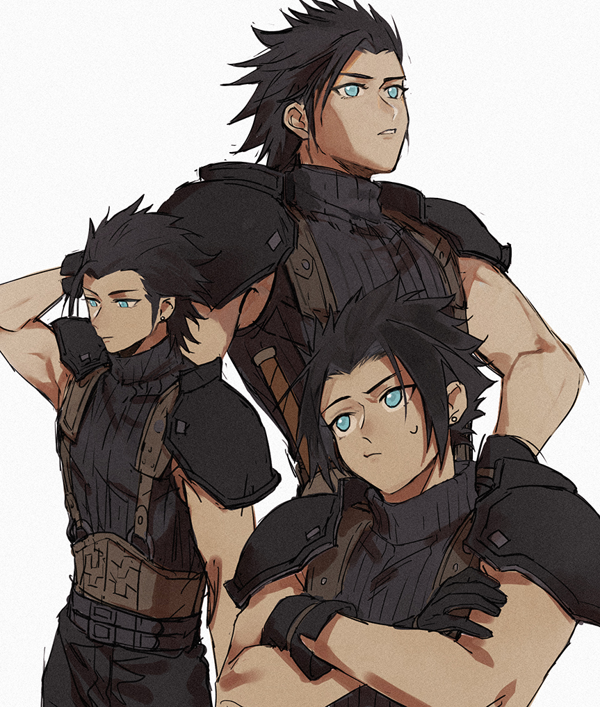 1boy, arm_behind_head, belt, belt_buckle, black_gloves, black_hair, blue_eyes, buckle