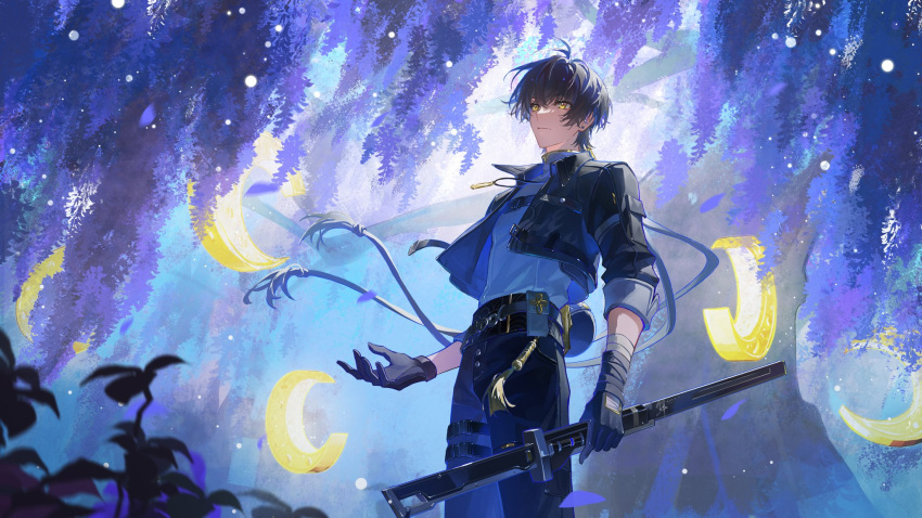 1boy, bandaged_hand, bandages, black_hair, blurry, blurry_foreground, bolichar, closed_mouth
