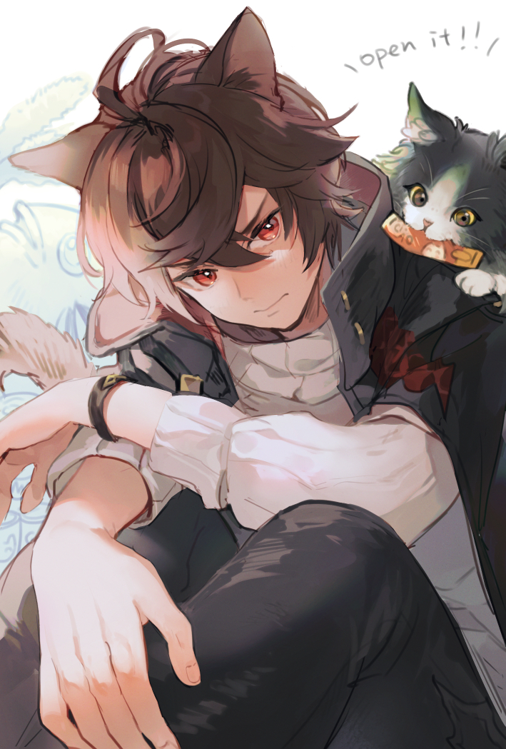 1boy, 1other, :3, ahoge, animal_ears, animal_on_shoulder, black_pants, bracelet, brown_hair, cat, cat_ears, cat_on_shoulder, cat_tail, commentary, commentary_request, cropped_legs, endend_(shinia), english_text, ewiyar_(granblue_fantasy), food_in_mouth, frown, furrowed_brow, granblue_fantasy, hair_between_eyes, hand_on_own_leg, jacket, jacket_on_shoulders, jewelry, kemonomimi_mode, knees_up, looking_at_viewer, messy_hair, mixed-language_commentary, pants, sandalphon_(granblue_fantasy), sandalphon_(valentine)_(granblue_fantasy), short_hair, sitting, sweater, sweater_vest, tail, turtleneck, turtleneck_sweater, white_sweater_vest