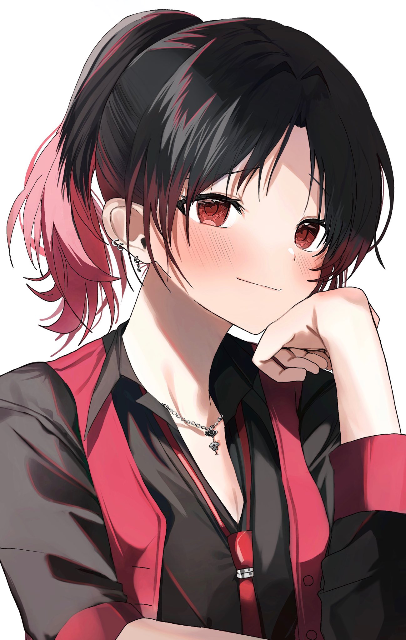 1girl, black_hair, black_jacket, black_shirt, dow_suitable, earrings, elbow_rest, gradient_hair