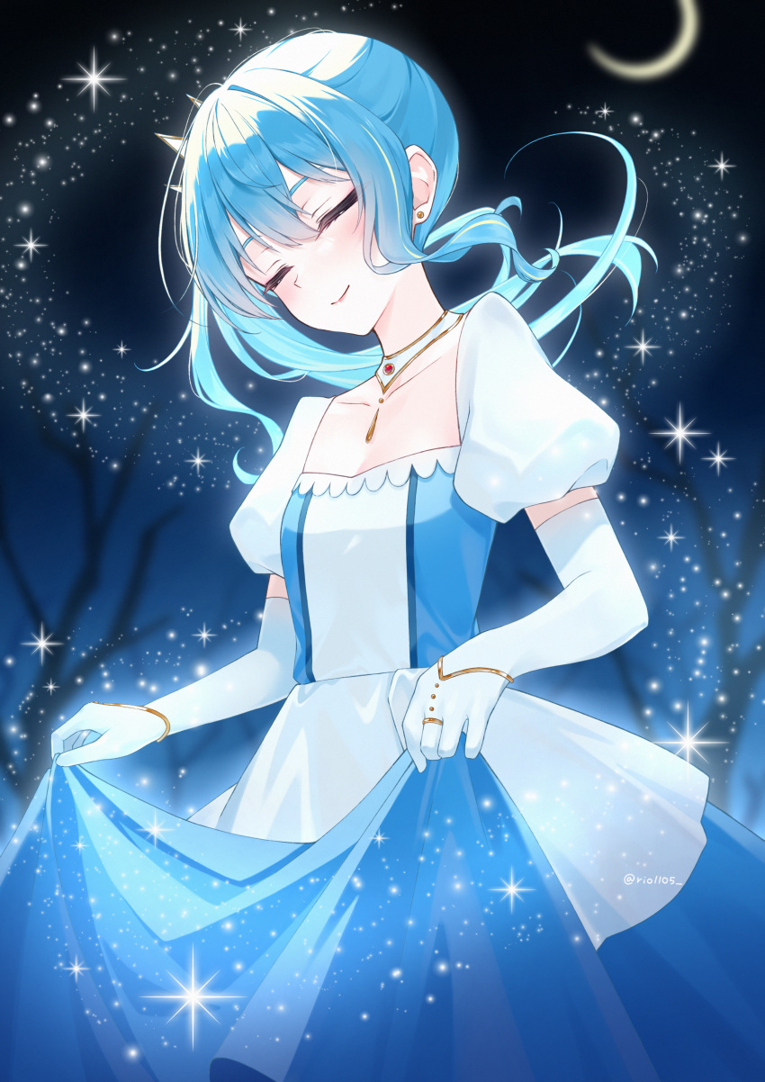 absurdres, bibideba_(hololive), blue_dress, cinderella, closed_eyes, crescent_moon, curtsey, dress