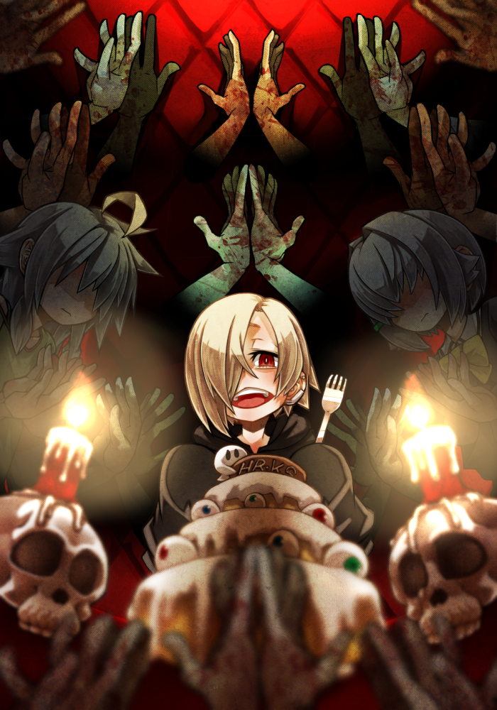 3girls, ayame_hashinimasen, black_hoodie, blonde_hair, cake, candle, disembodied_limb, eyeball, food, fork, ghost, happy_birthday, holding, holding_fork, hood, hoodie, hoshi_syoko, idolmaster, idolmaster_cinderella_girls, koshimizu_sachiko, multiple_girls, open_mouth, red_eyes, shirasaka_koume, short_hair, skull, sleeves_past_fingers, sleeves_past_wrists, smile