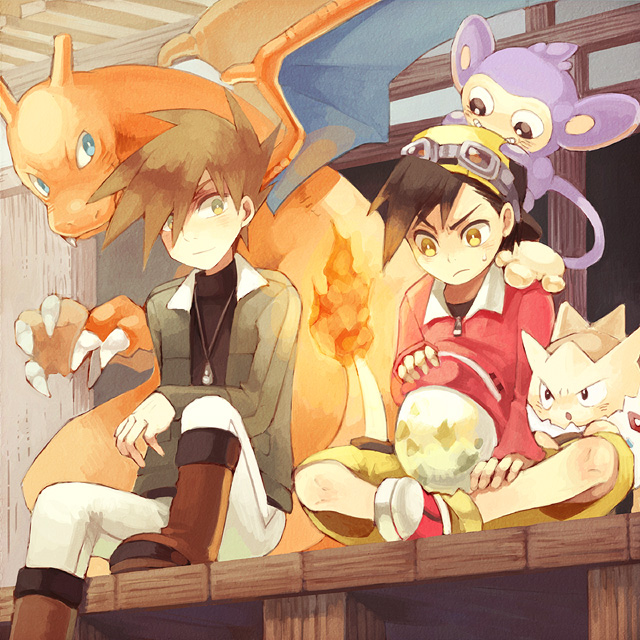 2boys, aipom, angry, baseball_cap, black_hair, brown_hair, charizard, deck