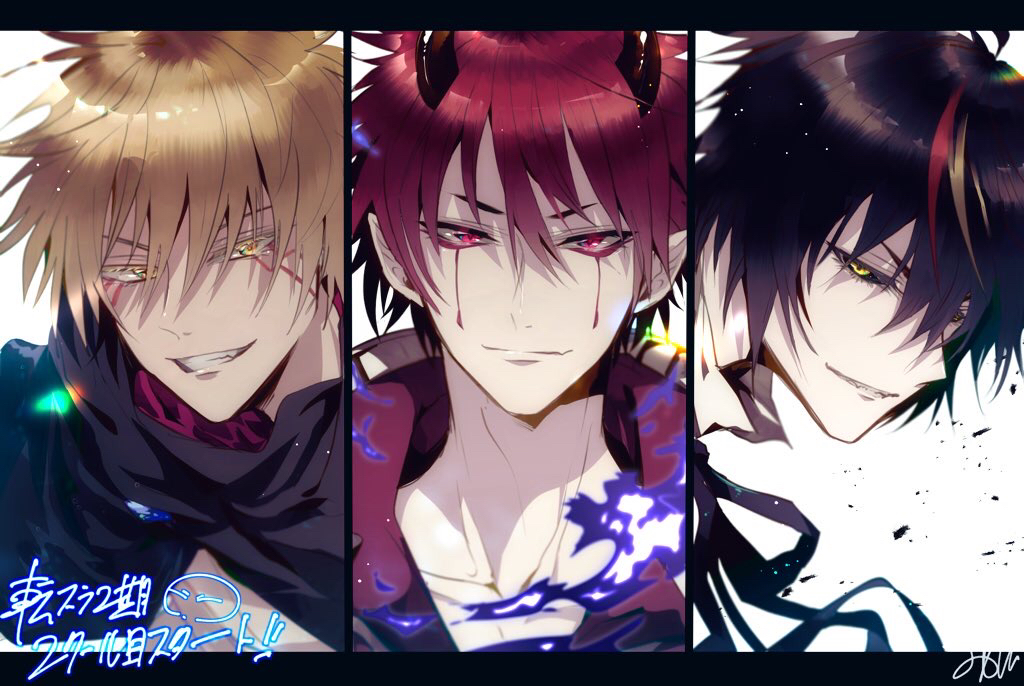 3boys, benimaru_(tensei_shitara_slime_datta_ken), black_hair, blonde_hair, collarbone, diablo_(tensei_shitara_slime_datta_ken), facial_mark, grin