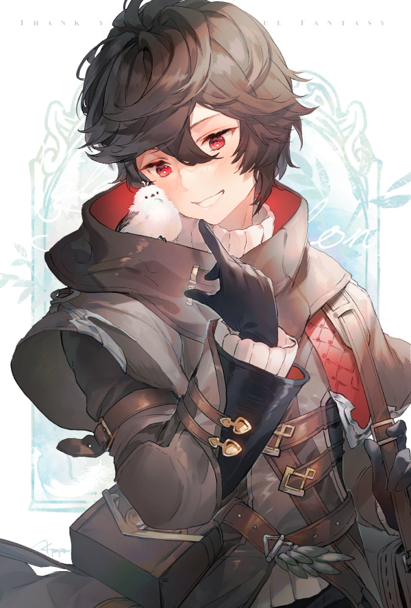 1boy, 1other, ahoge, animal_on_shoulder, arm_up, bag, belt, bird