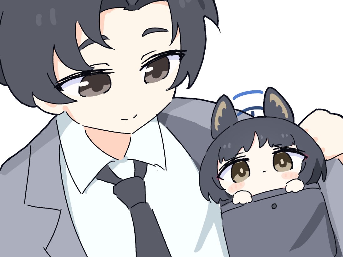 1boy, 1girl, animal_ears, black_hair, black_necktie, blue_archive, blue_halo, blush_stickers
