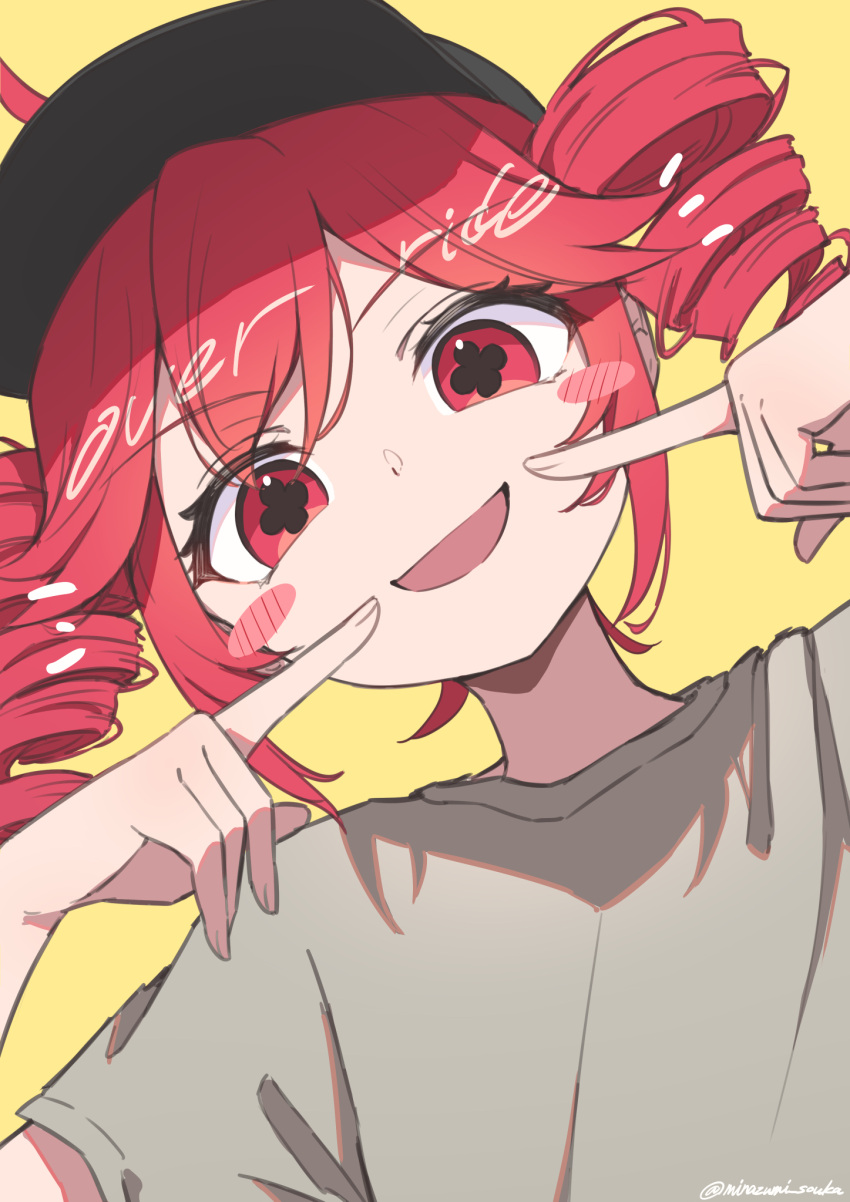 1girl, baseball_cap, black_hat, blush, blush_stickers, drill_hair, grey_shirt, hair_between_eyes