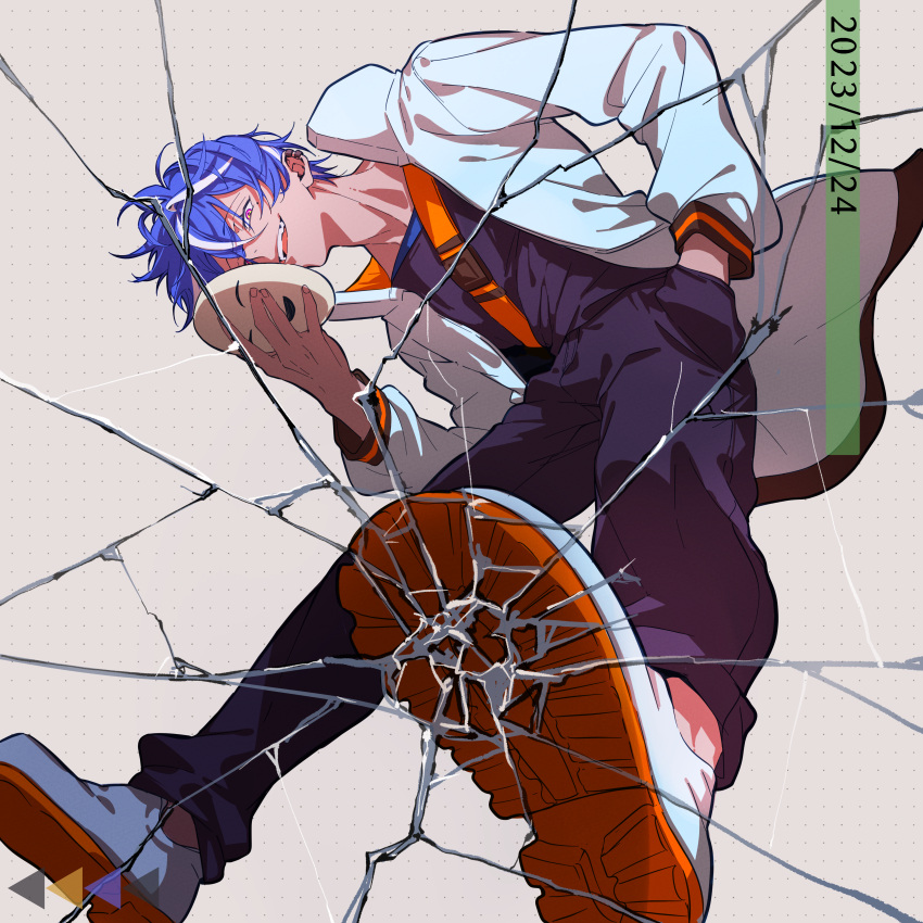 1boy, absurdres, aotsuki_slip, blue_hair, commentary, constricted_pupils, crack, cracked_glass