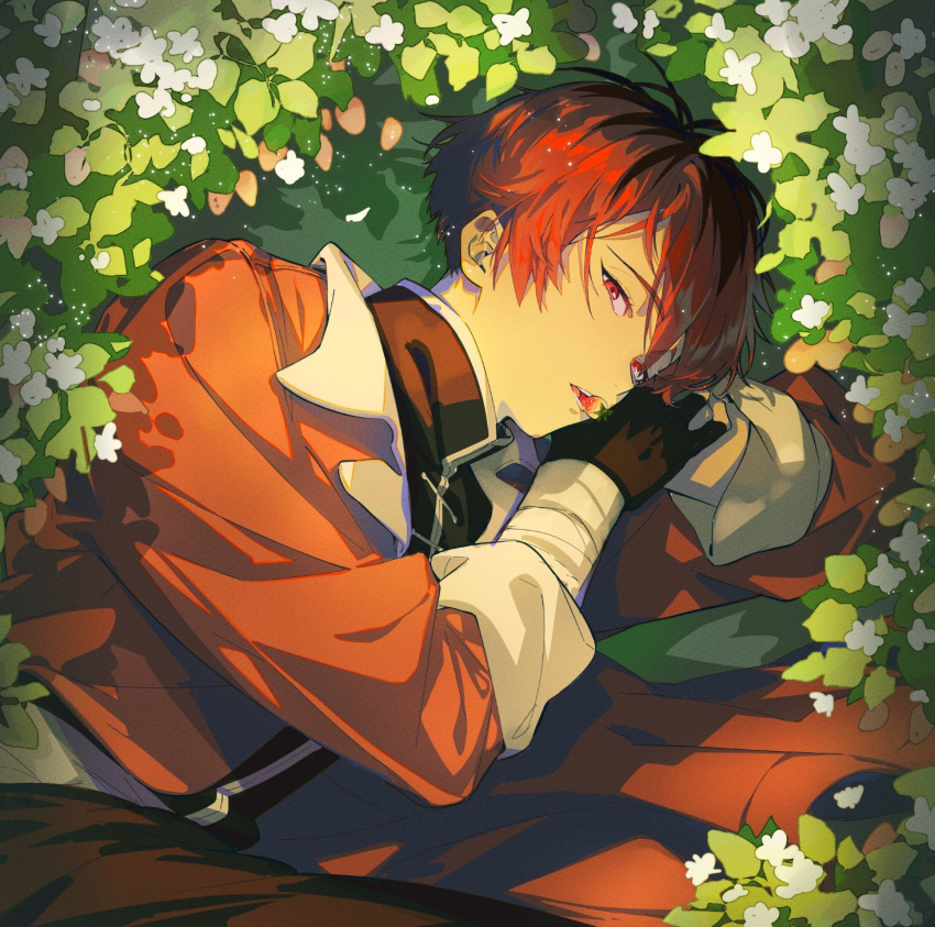 1boy, arm_wrap, black_gloves, black_hair, coat, commentary_request, flower, food