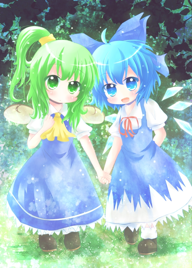 blue_eyes, blue_hair, blush, child, cirno, daiyousei, fang, green_eyes