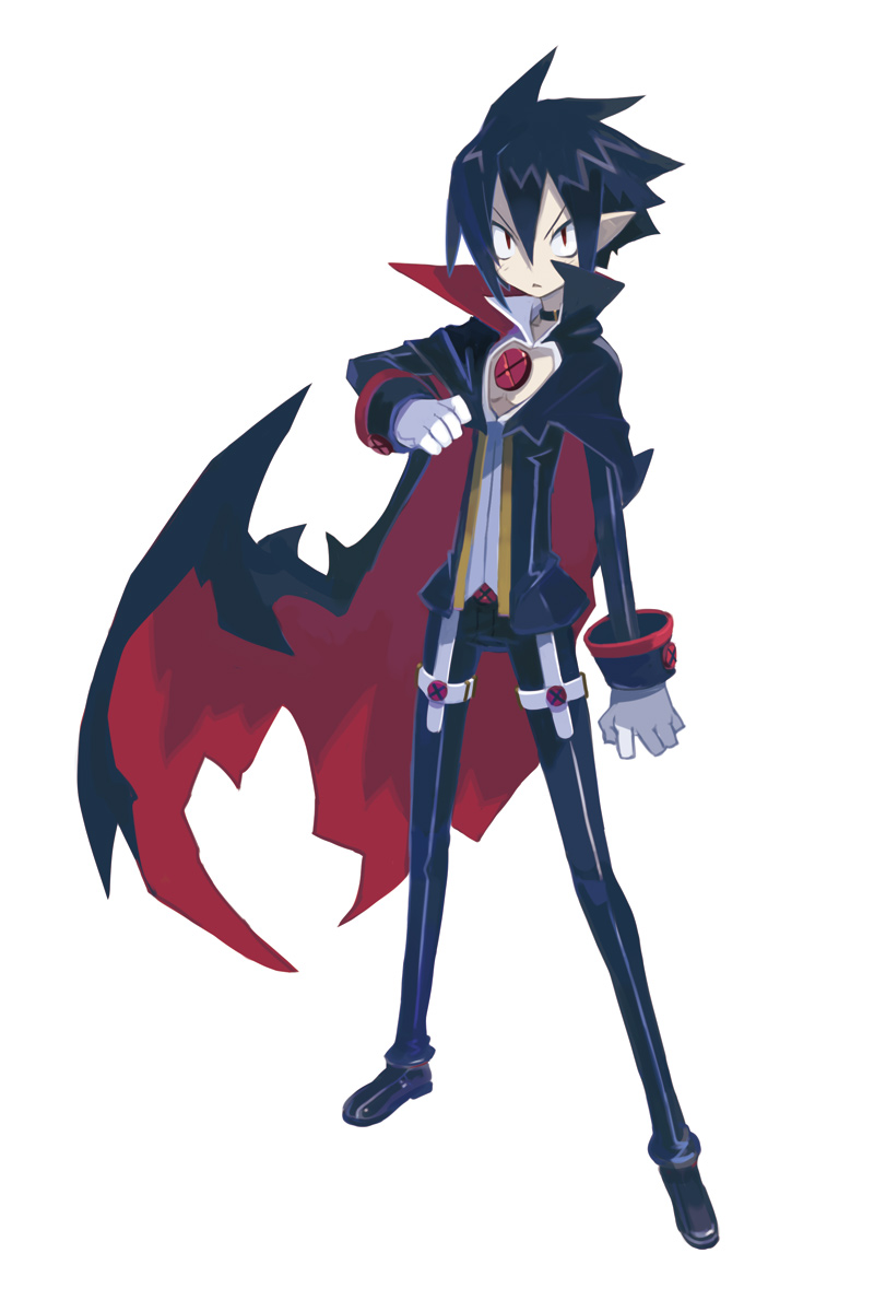 :<, black_hair, cape, collar, disgaea, gloves, harada_takehito, highres, makai_senkai_disgaea_4, makai_senki_disgaea_4, male, nippon_ichi, official_art, open_mouth, pointy_ears, red_eyes, short_hair, solo, spiked_hair, spiky_hair, tight, valbatose, valvatorez_(disgaea)