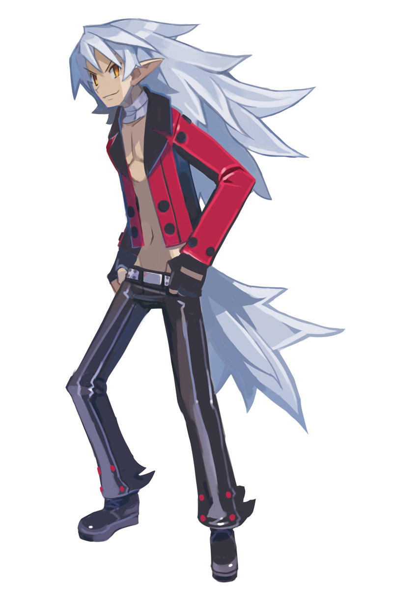 bandages, belt, disgaea, fenrich, harada_takehito, highres, jacket, long_hair, makai_senkai_disgaea_4, makai_senki_disgaea_4, male, navel, nippon_ichi, official_art, open_clothes, open_jacket, orange_eyes, pointy_ears, smile, solo, tail, white_hair