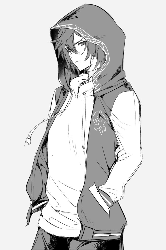 1boy, ahoge, alternate_costume, black_pants, commentary_request, cowboy_shot, drawstring, granblue_fantasy