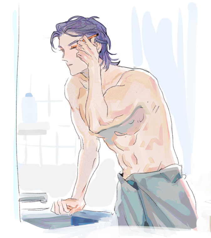 1boy, bathroom, blue_hair, bunnyclvb, closed_eyes, dr._ratio_(honkai:_star_rail), english_commentary, eyeliner