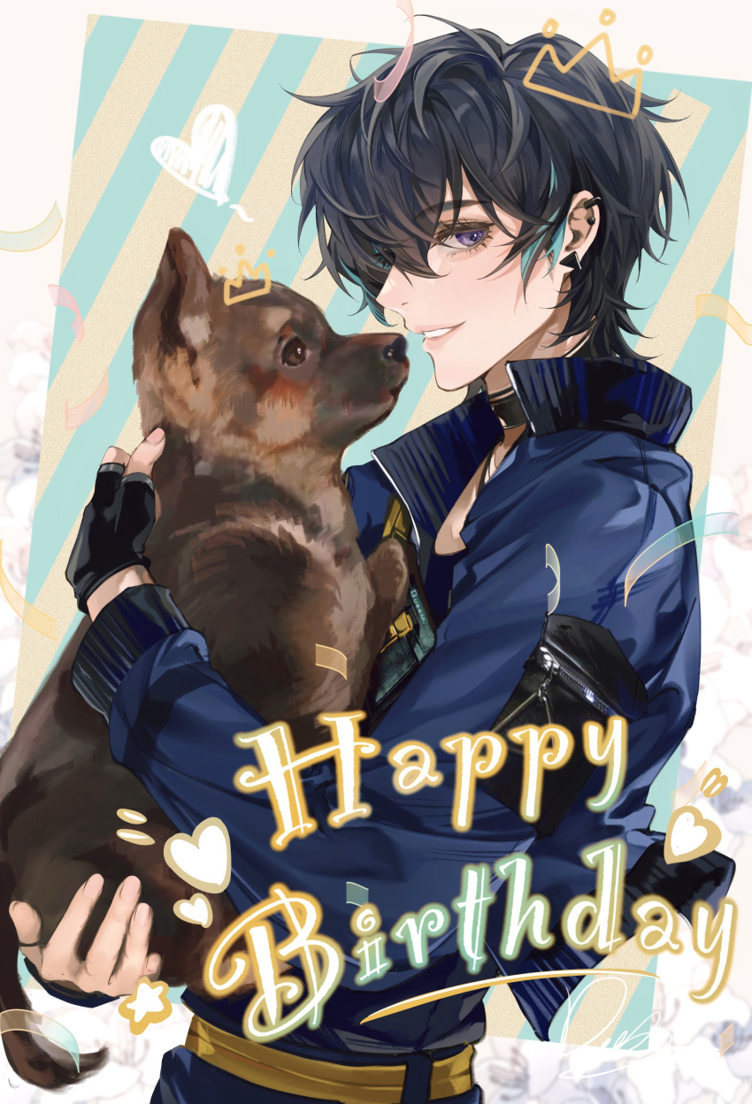 1girl, absurdres, animal_hug, black_gloves, black_hair, black_shirt, blue_jacket, brown_dog