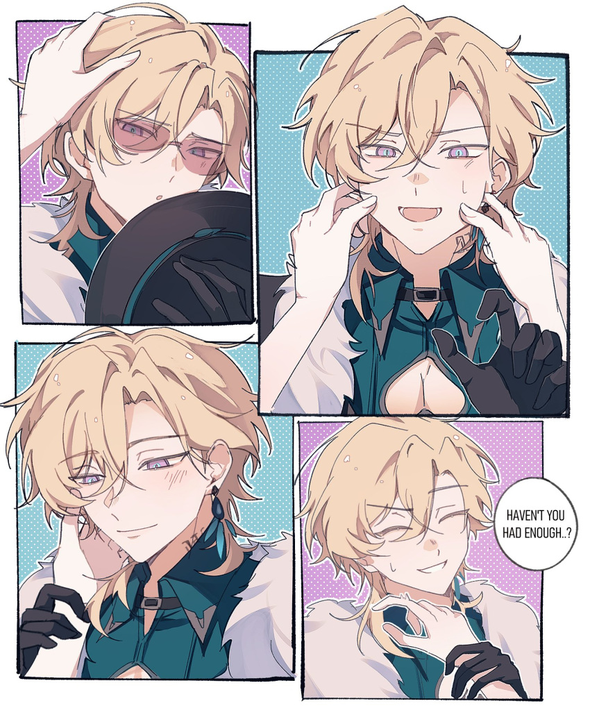 1boy, aqua_shirt, aventurine_(honkai:_star_rail), black_gloves, blonde_hair, clothing_cutout, collared_shirt, earrings