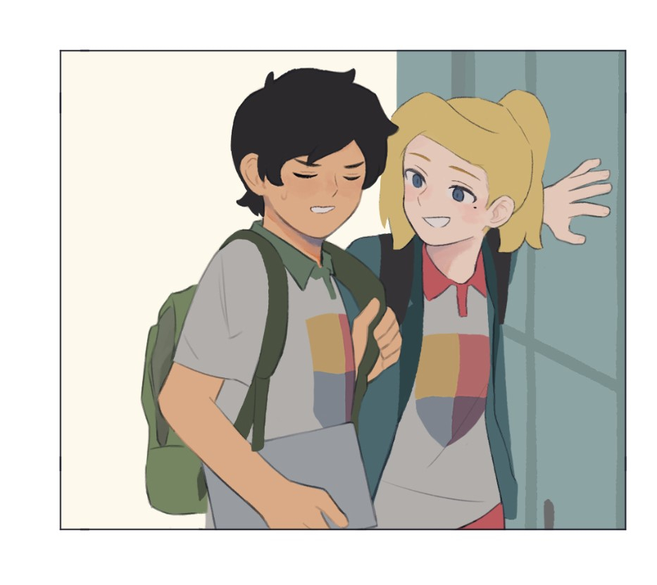 2girls, amphibia, backpack, bag, black_hair, blonde_hair, blue_eyes, closed_eyes