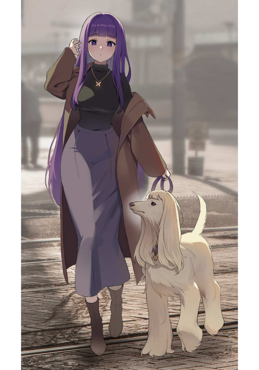 1girl, absurdres, alternate_costume, black_shirt, blunt_bangs, boots, breasts, brown_footwear