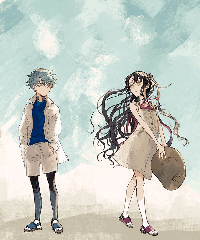 1boy, 1girl, babydoll, bare_arms, bare_legs, black_hair, black_leggings, blue_eyes