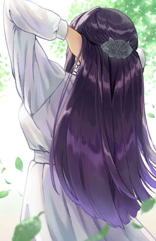 1girl, adjusting_hair, arms_up, blunt_ends, dress, fern_(sousou_no_frieren), from_behind, fuku_dan