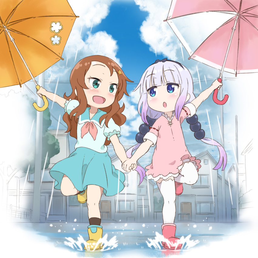 2girls, beads, black_bow, blue_sailor_collar, blue_skirt, blue_sky, blush, boots, bow, brown_hair, child, clouds, day, dress, flower, gradient_hair, hair_beads, hair_bow, hair_flower, hair_ornament, hairband, happy, highres, holding, holding_hands, holding_umbrella, kagero_(plusup), kanna_kamui, kobayashi-san_chi_no_maidragon, long_hair, looking_at_another, multicolored_hair, multiple_girls, neckerchief, open_mouth, outdoors, pink_dress, pink_footwear, puddle, puffy_short_sleeves, puffy_sleeves, purple_hair, rain, red_neckerchief, running, saikawa_riko, sailor_collar, school_uniform, shirt, short_sleeves, skirt, sky, splashing, thigh-highs, umbrella, white_hair, white_shirt, white_thighhighs, yellow_flower, yellow_footwear