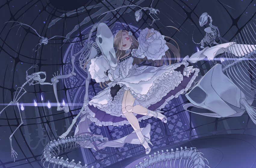 1girl, animal_skeleton, blonde_hair, doll_joints, dome, dress, flat_chest, floating