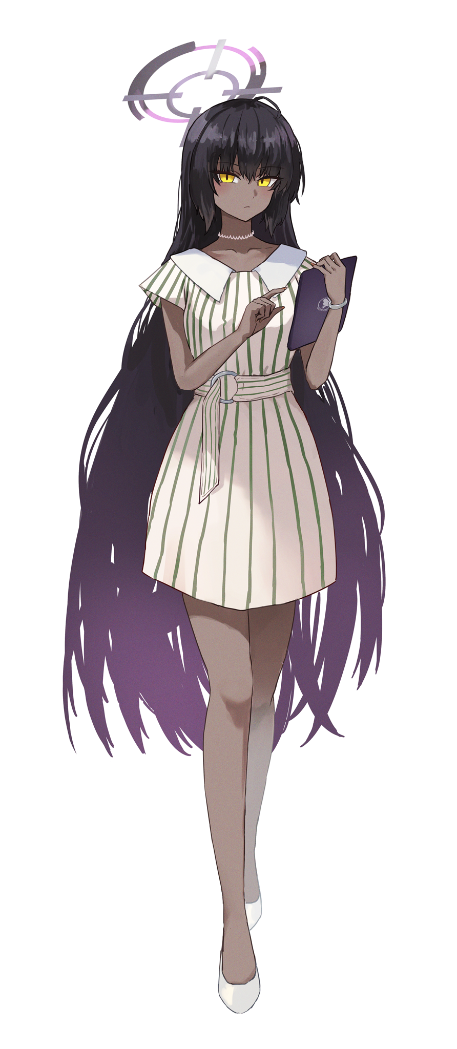 1girl, black_hair, blue_archive, breasts, closed_mouth, dark-skinned_female, dark_skin, dress