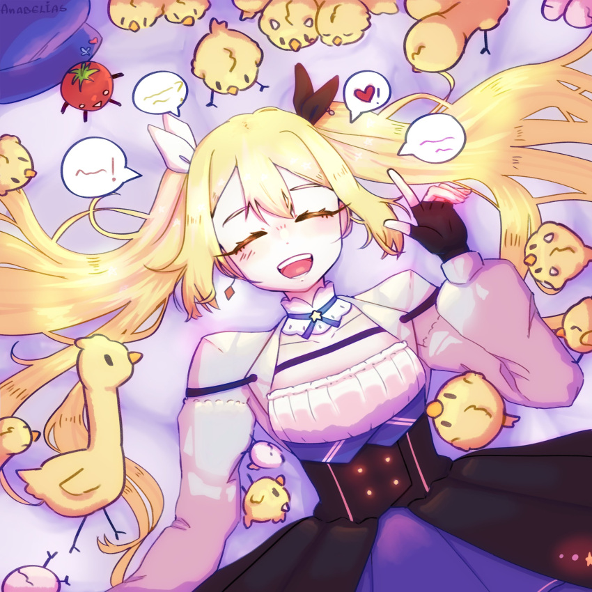 1girl, anabelias, blonde_hair, blue_skirt, cowboy_shot, cropped_jacket, dokibird_(vtuber), dokibird_(vtuber)_(tomato), dragoon_(dokibird), earrings, english_commentary, grey_jacket, hair_ribbon, hat, heart, highres, indie_virtual_youtuber, jacket, jewelry, long_hair, lying, on_back, open_clothes, open_jacket, open_mouth, ribbon, signature, single_earring, skirt, smile, solo_focus, speech_bubble, spoken_heart, teeth, twintails, underbust, unworn_hat, unworn_headwear, upper_teeth_only, virtual_youtuber