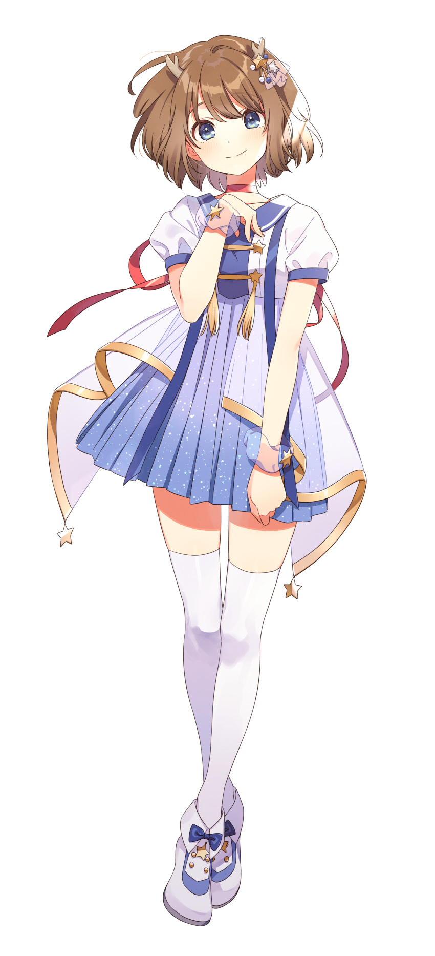 1girl, absurdres, antlers, blue_bow, blue_dress, blue_eyes, blush, bob_cut