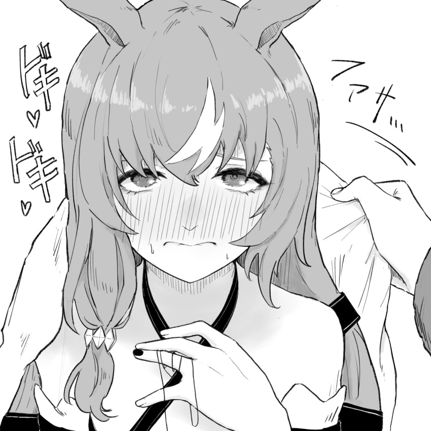 1girl, animal_ears, blush, breasts, closed_mouth, collared_shirt, commentary_request, fingernails