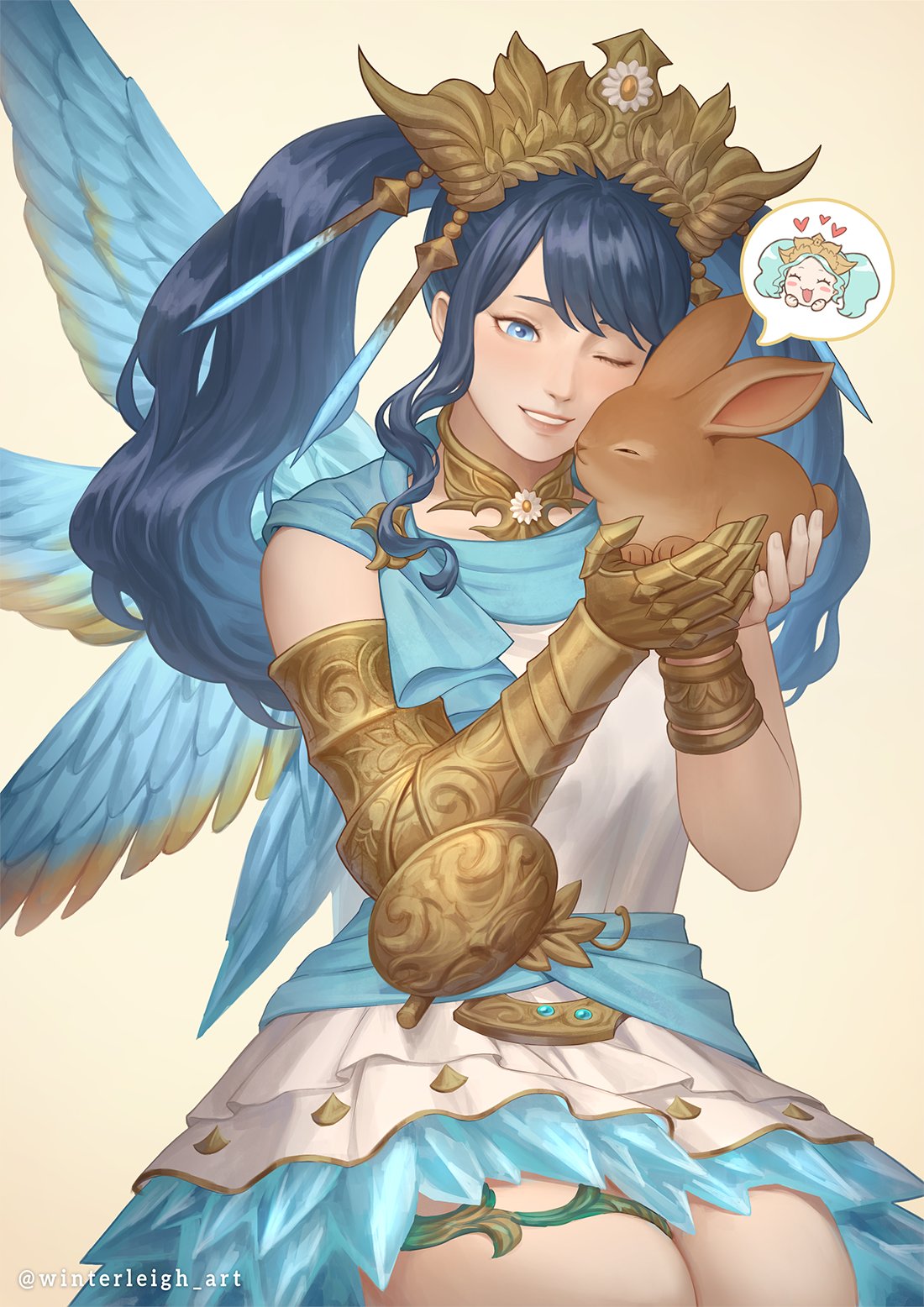 1girl, animal, artist_name, asymmetrical_wings, blue_eyes, blue_hair, blue_sash, blue_wings, brown_rabbit, collar, commentary, cosplay, dress, english_commentary, feathered_wings, final_fantasy, final_fantasy_xiv, gauntlets, gradient_wings, grin, highres, holding, holding_animal, jewelry, long_hair, looking_at_animal, menphina, menphina_(cosplay), metal_collar, multicolored_wings, one_eye_closed, rabbit, sash, simple_background, single_gauntlet, single_vambrace, sleeveless, sleeveless_dress, smile, solo, speech_bubble, spoken_character, tiara, twintails, vambraces, warrior_of_light_(ff14), wavy_hair, white_dress, wings, winterleigh, wynteria_lei
