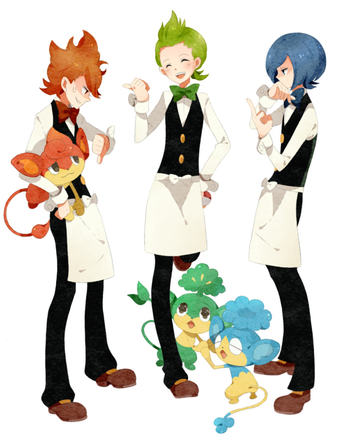 3boys, atori12, blue_hair, closed_eyes, corn_(pokemon), dent_(pokemon), green_hair, gym_leader