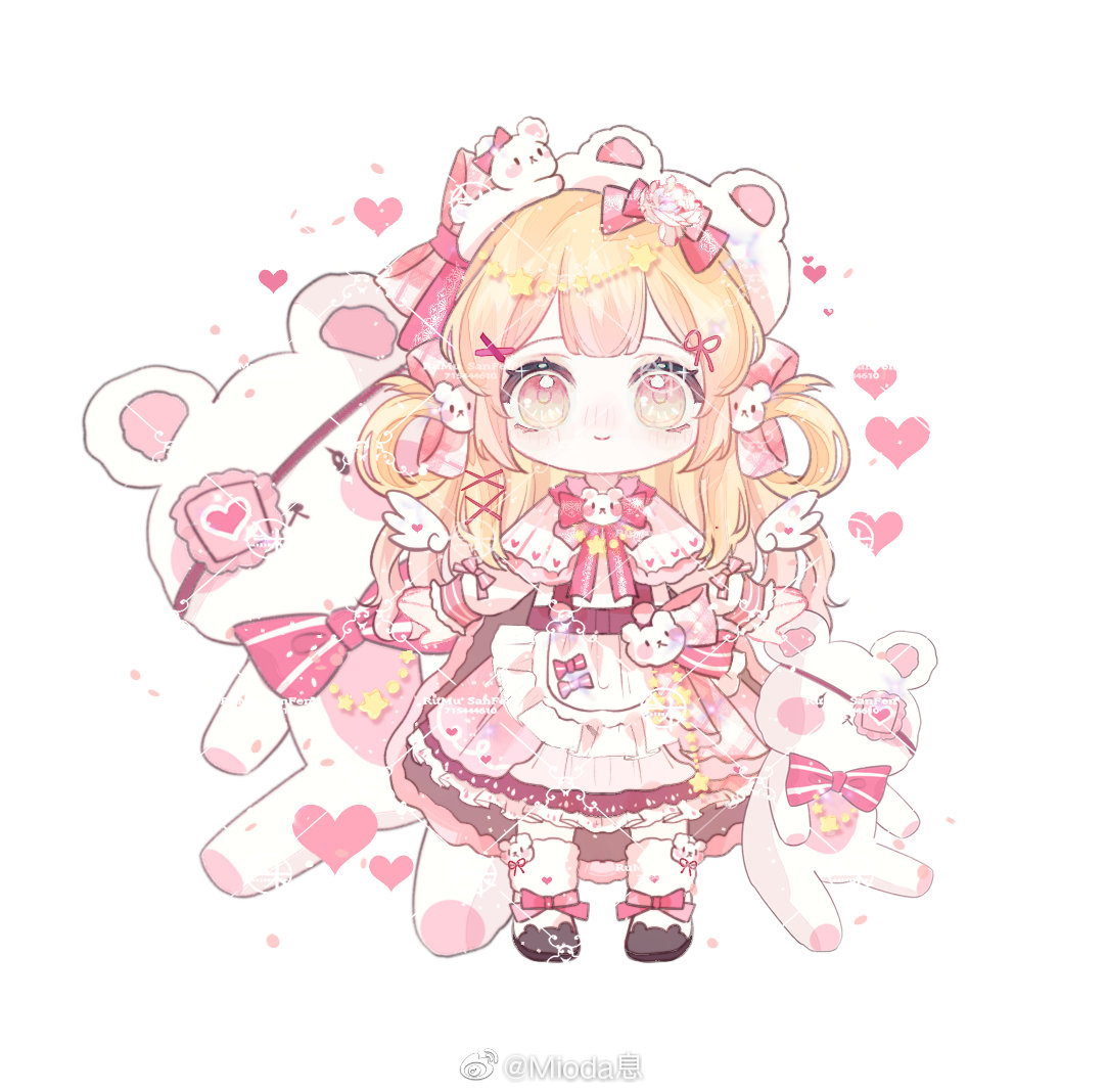 1girl, angel_wings, animal_ear_headwear, animal_ears, animal_slippers, apron, bear_brooch, bear_ears
