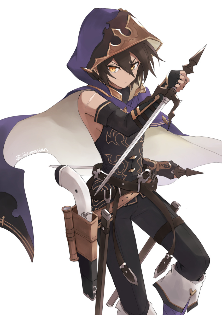 1boy, absurdres, belt, black_gloves, black_hair, boots, cloak, dark-skinned_male