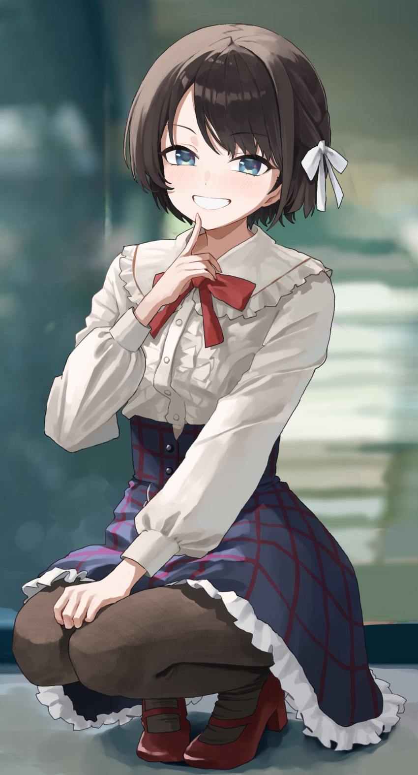 1girl, absurdres, art_mu, blouse, blue_skirt, blurry, blurry_background, bob_cut