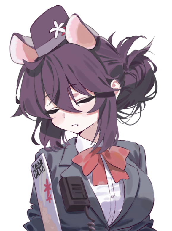 1girl, animal_ears, black_hat, blue_archive, bow, bowtie, breasts, closed_eyes, collared_shirt, extra_ears, hair_between_eyes, hat, kaede_(blue_archive), kaede_(guide)_(blue_archive), large_breasts, long_hair, mitsutsuka, open_mouth, purple_hair, red_bow, red_bowtie, shirt, simple_background, solo, tour_guide, upper_body, white_background, white_shirt