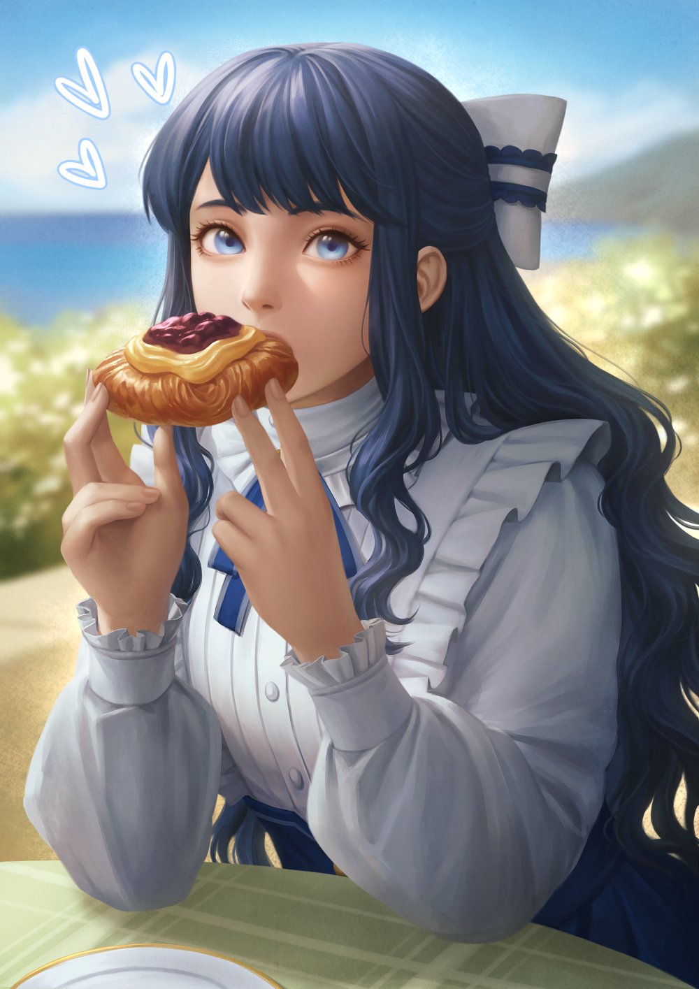 1girl, blue_eyes, blue_hair, blurry, blurry_background, bow, clouds, cloudy_sky