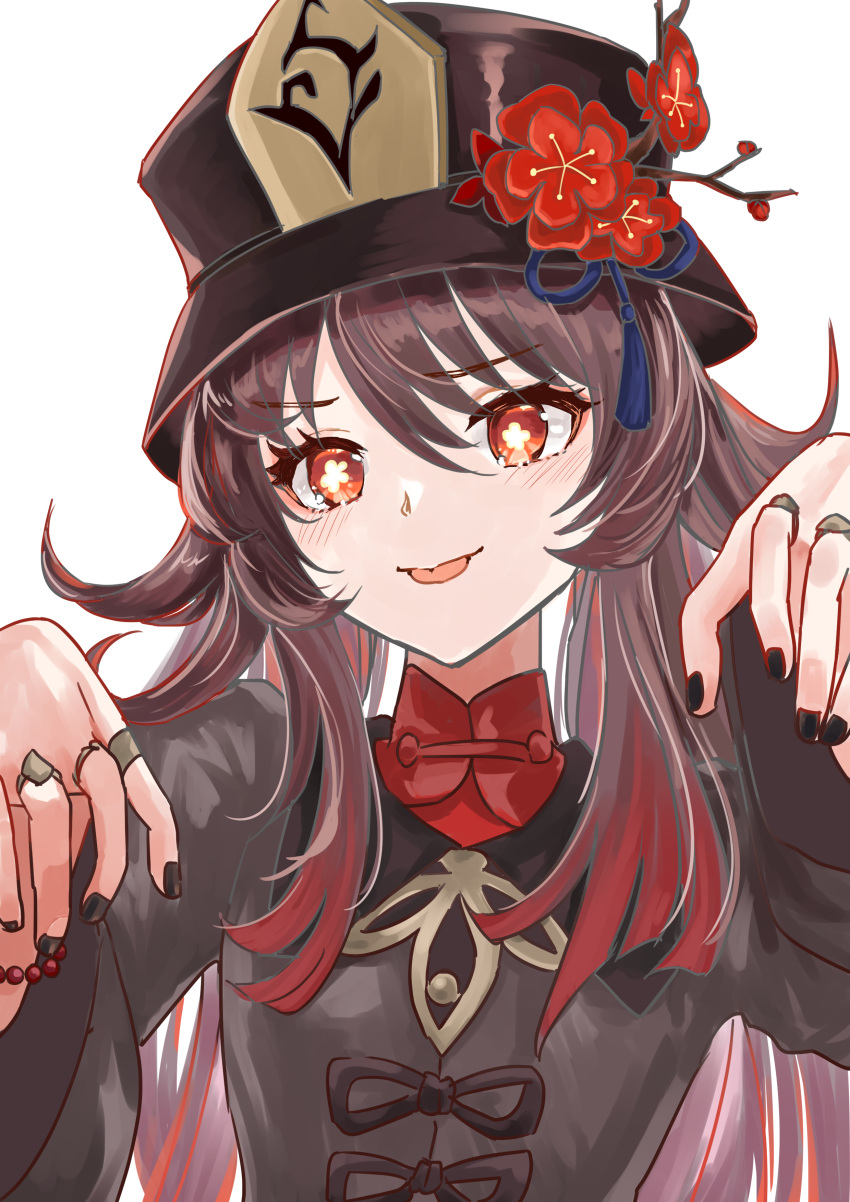 1girl, :p, absurdres, black_hat, black_nails, black_shirt, brown_hair, commentary_request