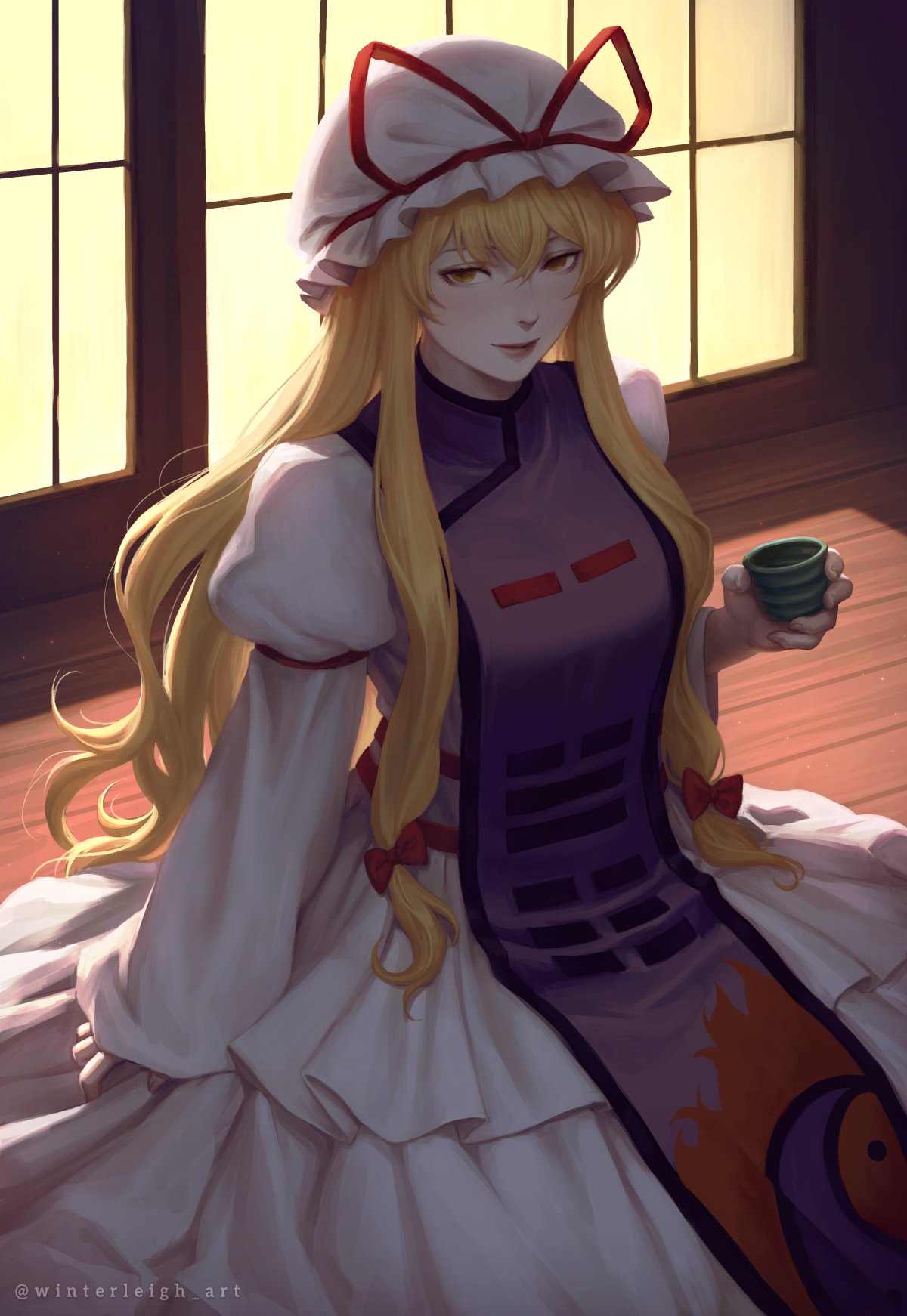 1girl, backlighting, blonde_hair, bow, commentary, cup, dress, frills, hair_between_eyes, hair_bow, hat, highres, holding, holding_cup, juliet_sleeves, long_hair, long_sleeves, looking_at_viewer, mob_cap, puffy_sleeves, purple_tabard, red_bow, shouji, sitting, sliding_doors, smile, solo, tabard, teacup, touhou, white_dress, winterleigh, wooden_floor, yakumo_yukari, yellow_eyes