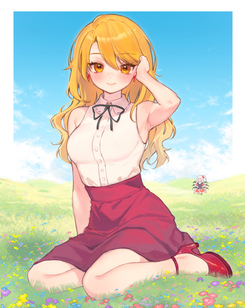 2girls, absurdres, alternate_costume, armpits, blonde_hair, blue_sky, bow, bowtie