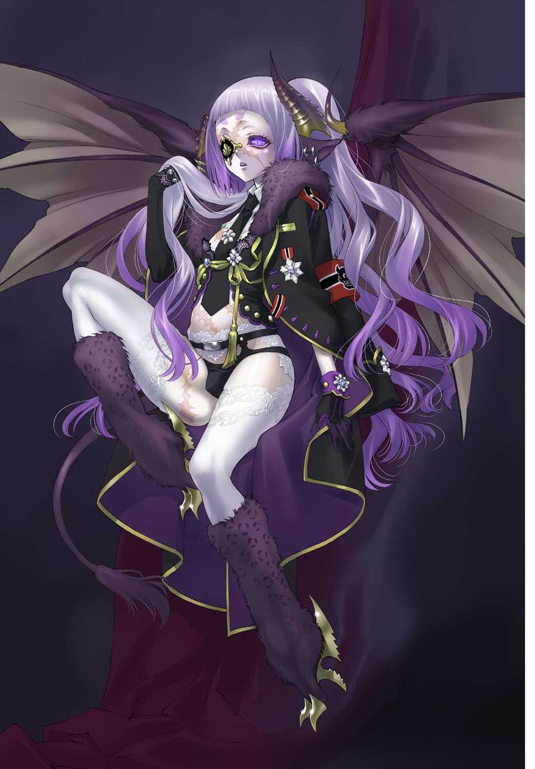 androgynous, armband, bat_wings, bulge, demon_boy, elbow_gloves, eyepatch, gloves