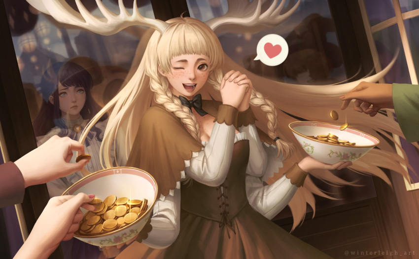 2girls, 3others, antlers, artist_name, beata_(winterleigh), black_bow, blonde_hair, blue_eyes