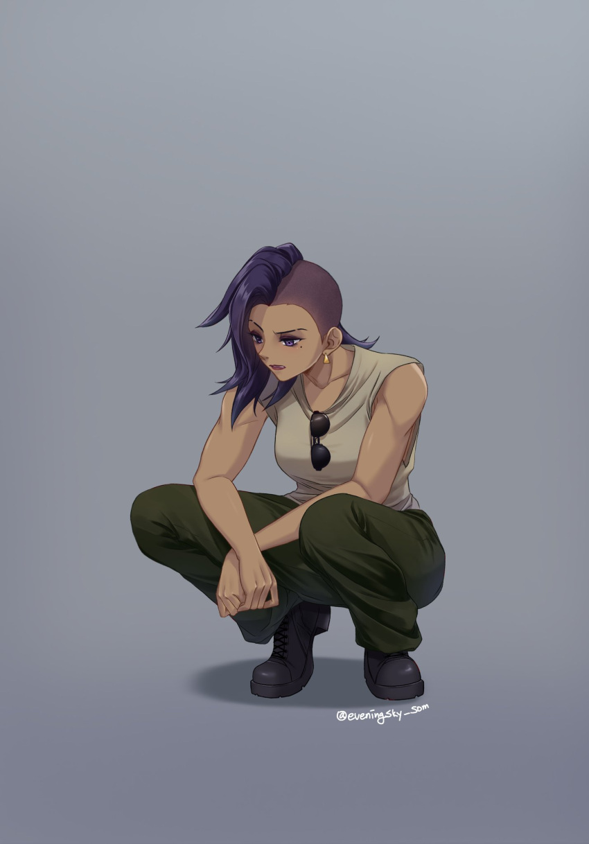 1girl, alternate_costume, asymmetrical_hair, bare_arms, black_eyeliner, black_eyeshadow, black_footwear, boots