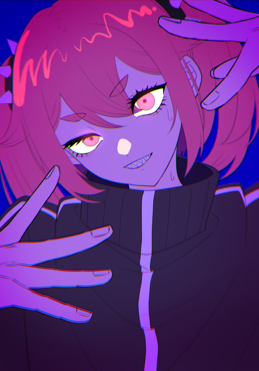 1girl, absurdres, black_track_suit, blue_background, glowing, glowing_eyes, hair_between_eyes, hands_up