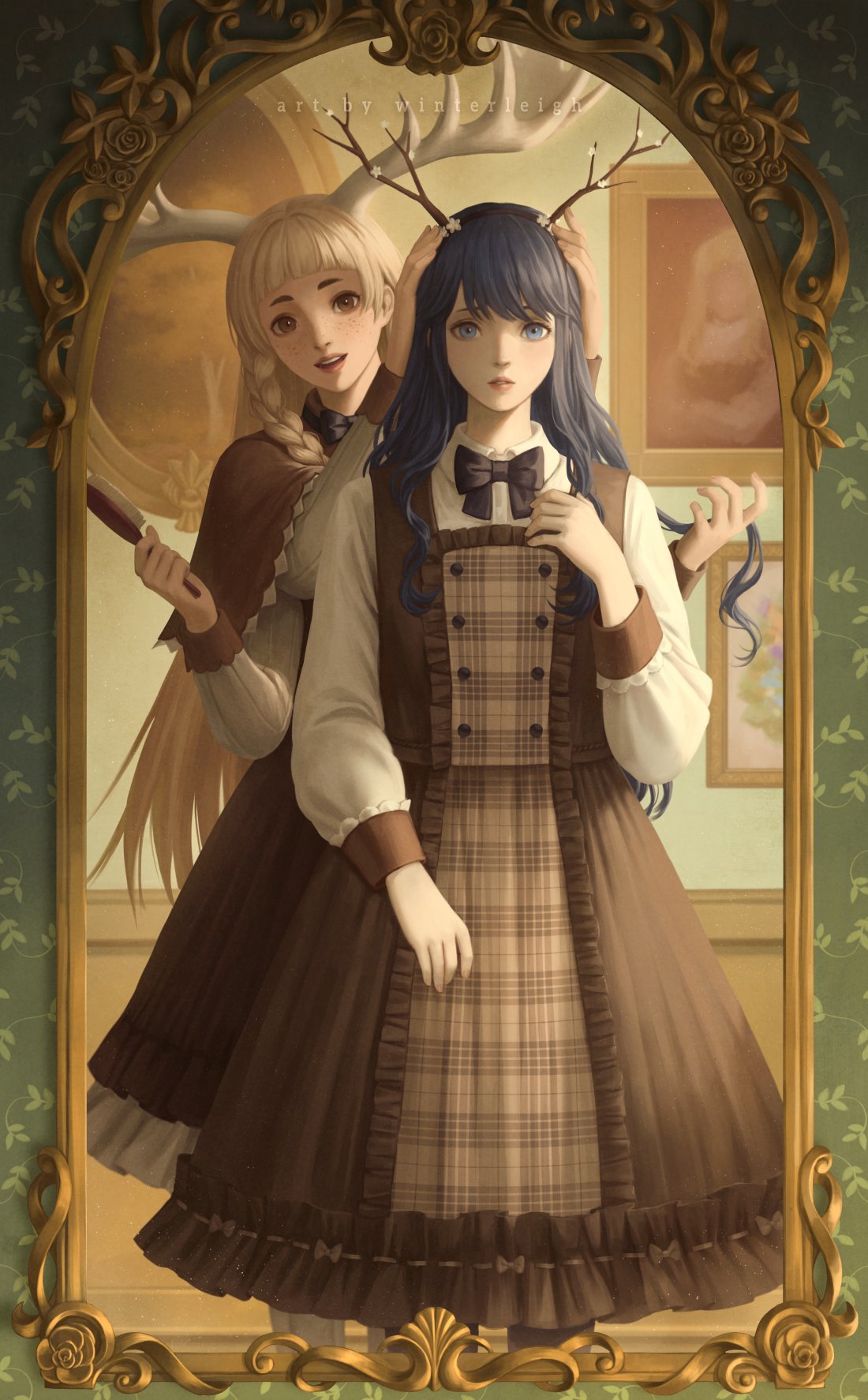 2girls, antlers, beata_(winterleigh), black_bow, black_bowtie, blonde_hair, blue_eyes, blue_hair