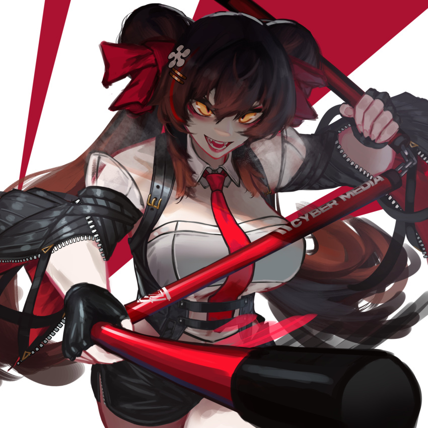 1girl, black_gloves, black_hair, black_shorts, detached_sleeves, double_bun, fingerless_gloves, girls'_frontline_neural_cloud, girls_frontline, gloves, green_eyes, hair_bun, highres, holding, holding_staff, jiangyu_(neural_cloud), lieeux, long_hair, necktie, red_necktie, short_shorts, shorts, staff, twintails, type_97_(girls'_frontline)