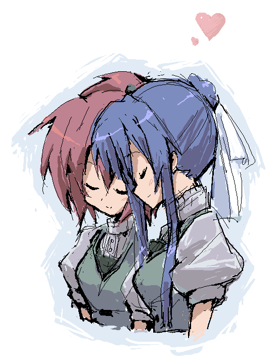 blue_hair, closed_eyes, heart, kurou_(artist), mutual_yuri, red_hair, redhead, school_uniform