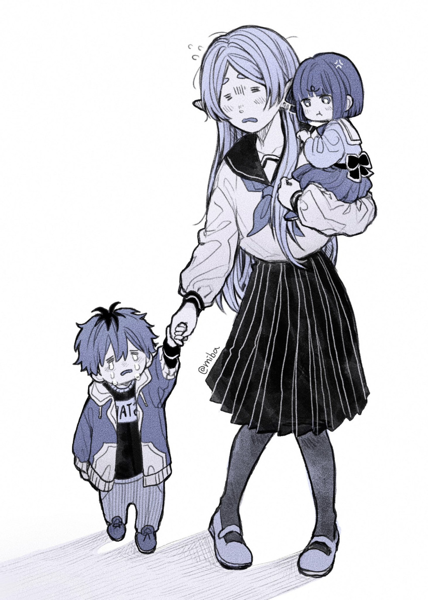 1boy, 2girls, :t, =_=, age_difference, aged_down, alternate_costume, anger_vein
